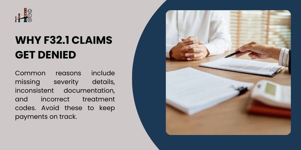 Image illustrating why F32.1 claims get denied, showcasing a doctor explaining documents to a patient. The graphic highlights common reasons for denial, such as missing severity details, inconsistent documentation, and incorrect treatment codes, encouraging providers to avoid these errors to keep payments on track.