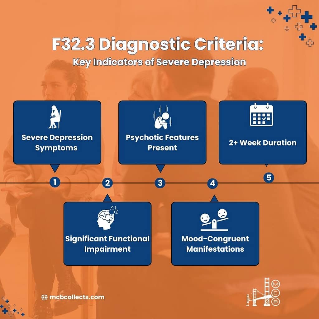 Infographic describing F32.3 Diagnostic Criteria. It highlights five key indicators: Severe Depression Symptoms, Psychotic Features Present, 2+ Week Duration, Significant Functional Impairment, and Mood-Congruent Manifestations. The background depicts a counseling session.