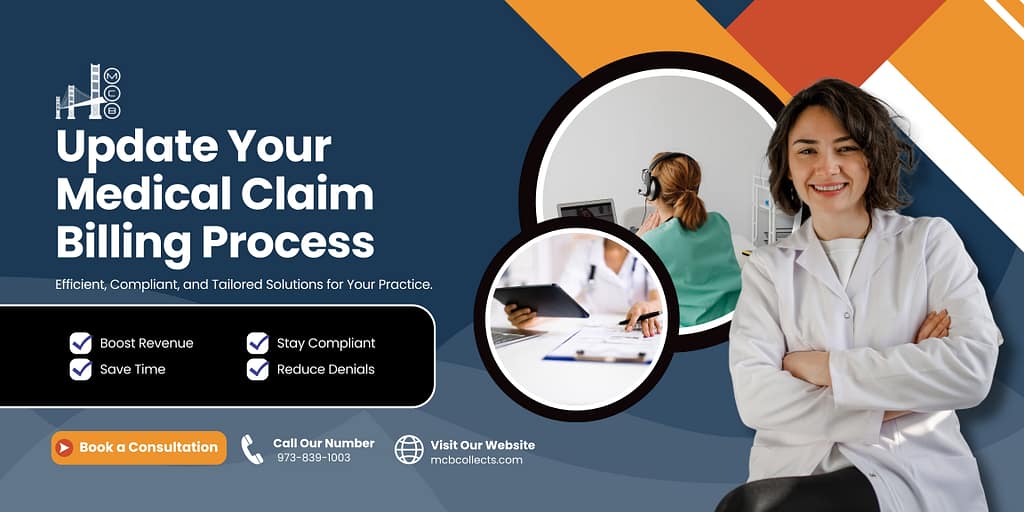 A banner promoting medical claim billing process updates. It features a friendly medical professional, highlights benefits like boosting revenue, saving time, and reducing denials. The overall impression is one of efficiency, compliance, and tailored solutions for medical practices.