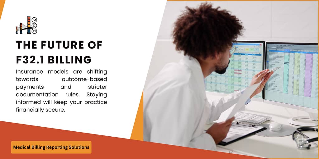 Image addressing 'The future of F32.1 Billing,' showing a doctor reviewing data on multiple computer screens. It highlights the shift towards outcome-based payments and stricter documentation rules in insurance models, advocating for staying informed to keep practices financially secure with Medical Billing Reporting Solutions.