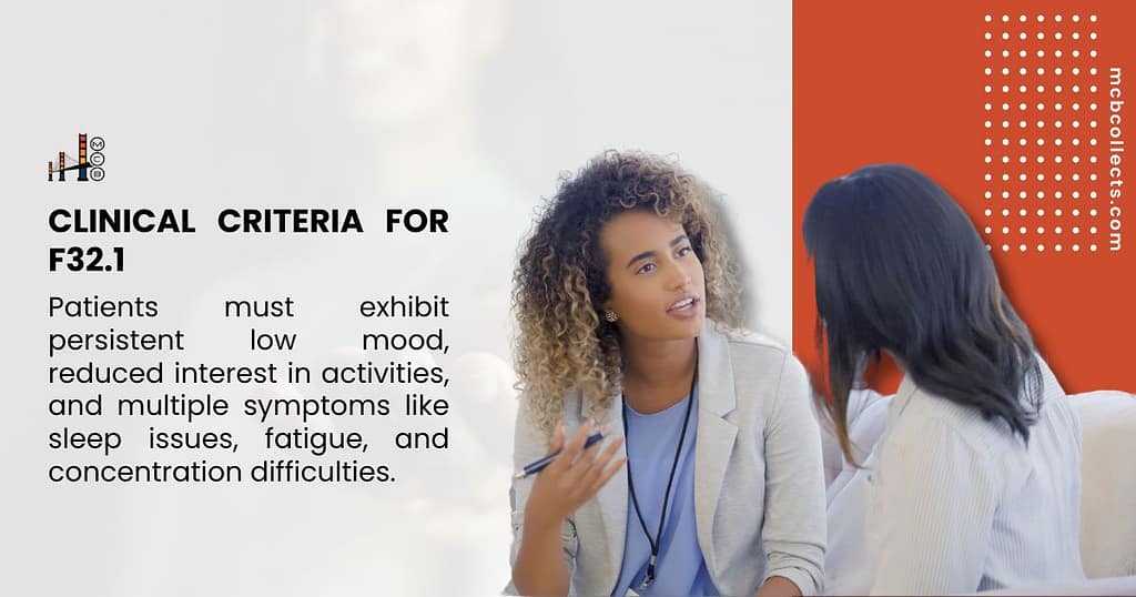 Graphic explaining the Clinical Criteria for F32.1, featuring an image of a therapist in consultation with a patient. The text outlines that patients must exhibit persistent low mood, reduced interest in activities, and multiple symptoms like sleep issues, fatigue, and concentration difficulties.