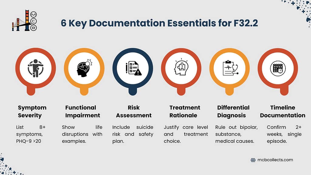 Infographic detailing '6 Key Documentation Essentials for F32.2', including: Symptom Severity, Functional Impairment, Risk Assessment, Treatment Rationale, Differential Diagnosis, and Timeline Documentation. Each essential point is explained, providing guidance for accurate and complete documentation, as presented by mcbcollects.com.