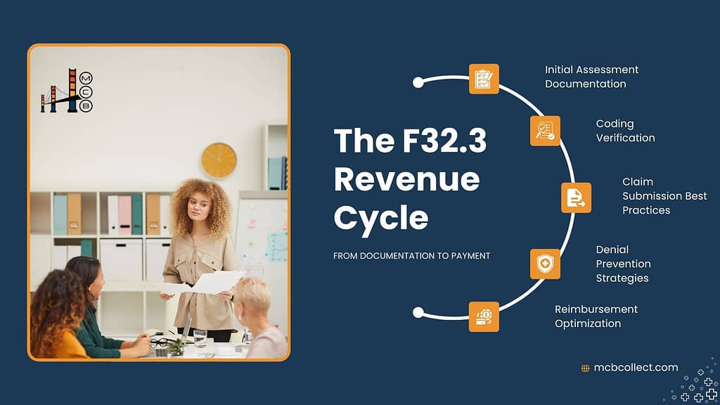 Infographic explaining The F32.3 Revenue Cycle. Stages include Initial Assessment Documentation, Coding Verification, Claim Submission Best Practices, Denial Prevention Strategies, and Reimbursement Optimization. The image depicts a group of healthcare professionals in a meeting.