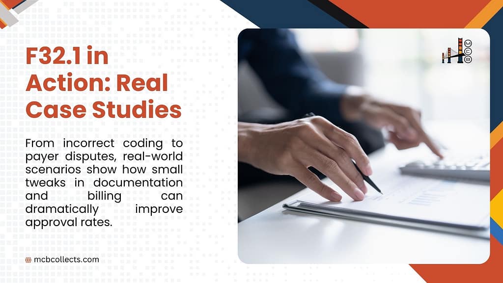 Advertisement by mcbcollects.com titled 'F32.1 in Action: Real Case Studies' illustrating the value of F32.1 billing code case studies. The image features a person reviewing paperwork and using a calculator, and the text discusses how small tweaks in documentation and billing can dramatically improve approval rates, ranging from incorrect coding to payer disputes.
