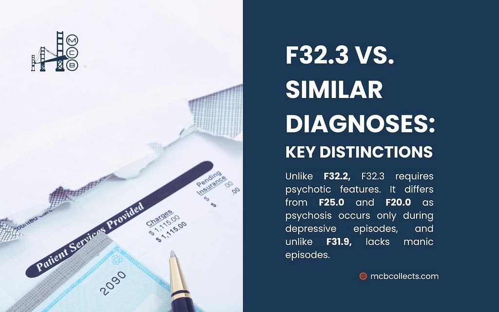 Graphic comparing F32.3 vs. Similar Diagnoses. Notes that unlike F32.2, F32.3 requires psychotic features, differs from F25.0 and F20.0 as psychosis occurs only during depressive episodes, and unlike F31.9, lacks manic episodes. A billing statement is displayed.