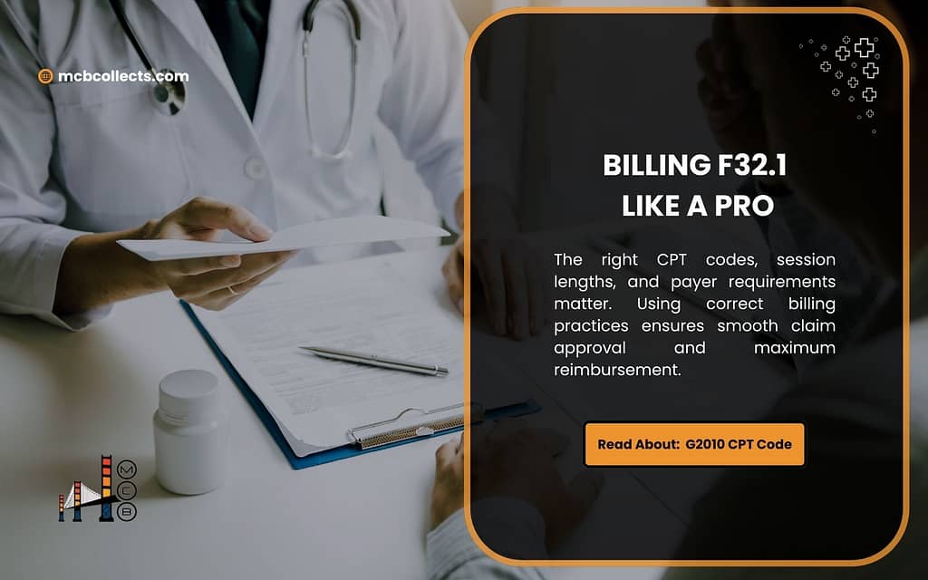 Image promotes expertise in billing F32.1 like a pro, highlighting the importance of correct CPT codes, session lengths, and payer requirements for smooth claim approval and maximum reimbursement. A doctor's hands are seen holding paperwork and a pill bottle, suggesting professional medical billing services.