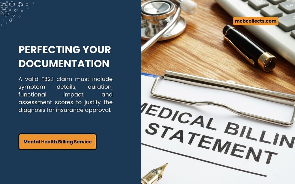 Graphic about Perfecting Your Documentation and featuring a medical billing statement, stethoscope, and pen. Text emphasizes that a valid F32.1 documentation for billing must include symptom details, duration, functional impact, and assessment scores to justify the diagnosis for insurance approval, promoting their Mental Health Billing Service.