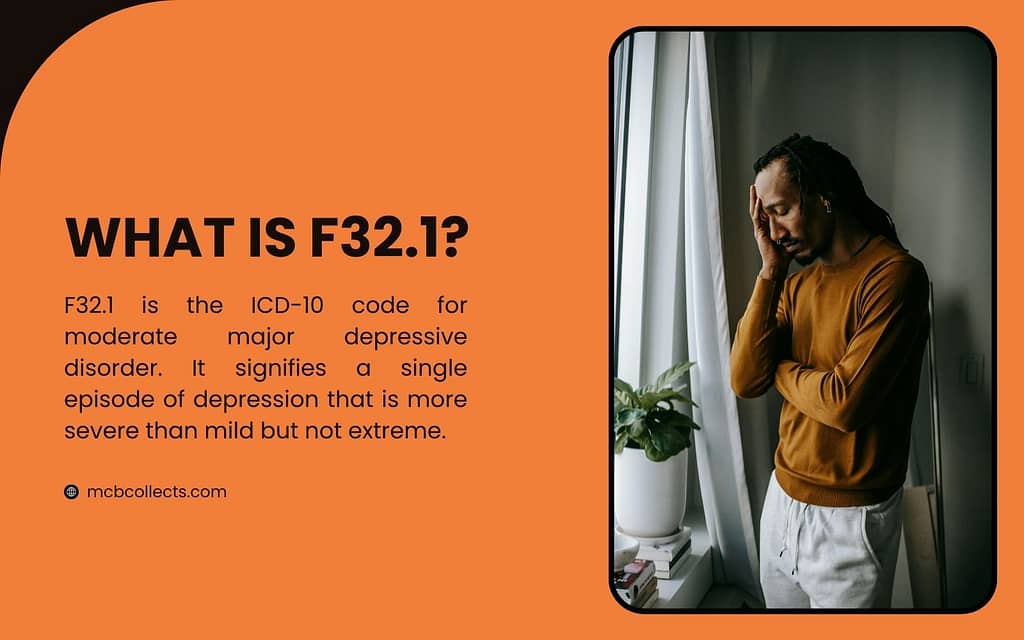 Informational graphic explaining What is f32.1, featuring an image of a man looking distressed by a window. The text defines F32.1 as the ICD-10 code for moderate major depressive disorder, signifying a single episode of depression that is more severe than mild but not extreme.