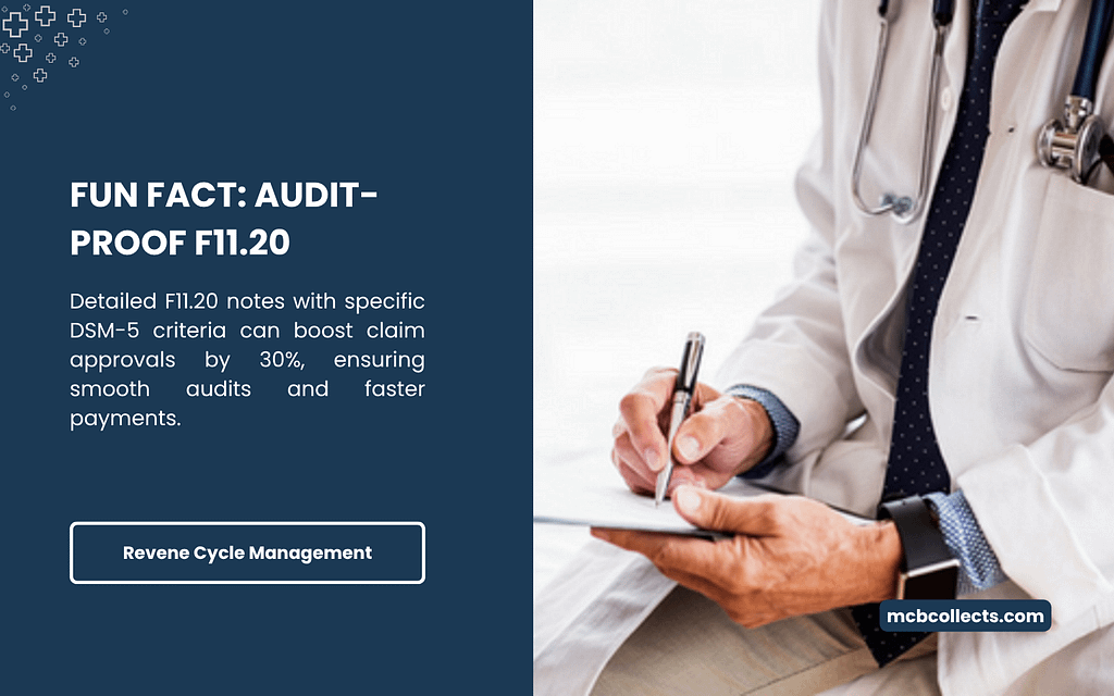 A split image with a dark blue panel on the left stating a fun fact about audit-proof F11.20, noting detailed notes with specific DSM-5 criteria can boost claim approvals by 30%, ensuring smooth audits and faster payments. The right side shows a doctor writing notes, with a "Revenue Cycle Management" button and mcbcollects.com logo.