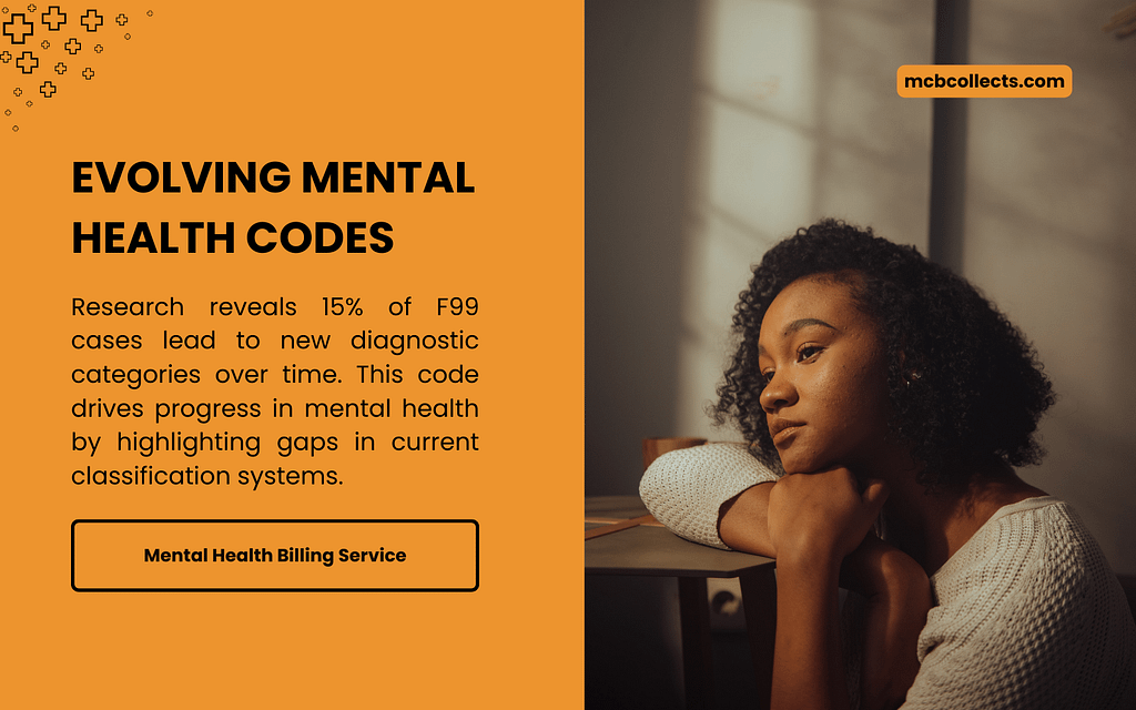 A person in a white sweater rests their head on their hand, reflecting on evolving mental health codes. Text notes 15% of F99 cases lead to new diagnostic categories, driving progress by highlighting gaps in current mental health classification systems.