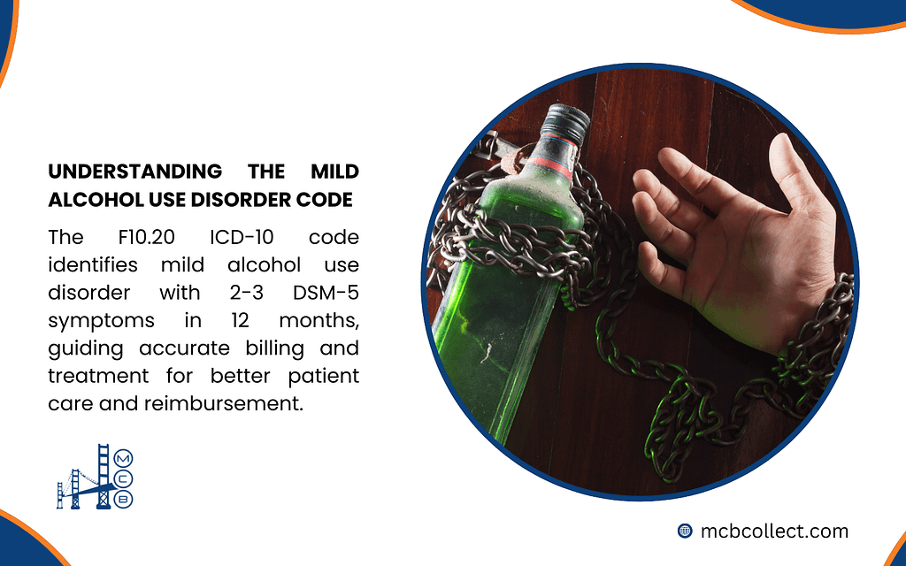 An image illustrating the concept of mild alcohol use disorder, featuring a green bottle wrapped in chains held by a hand, symbolizing addiction. Text explains that the ICD-10 code F10.20 identifies mild alcohol use disorder with 2-3 DSM-5 symptoms over 12 months, aiding accurate billing and treatment for better patient care and reimbursement.