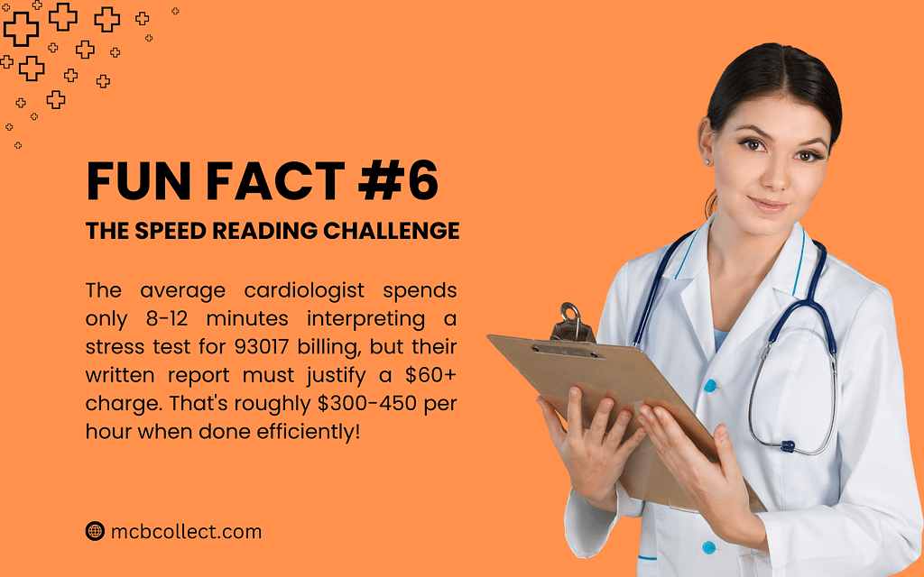 Female cardiologist with clipboard explaining 93017 CPT code interpretation time and billing efficiency for stress tests