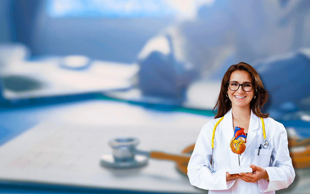 A smiling female doctor in a white coat with a stethoscope holds a model heart against a blurred medical office background with a desk, stethoscope, and papers. The image relates to a "Cardiology CPT Codes Guide for Medical Billing Success," emphasizing heart health and billing expertise.