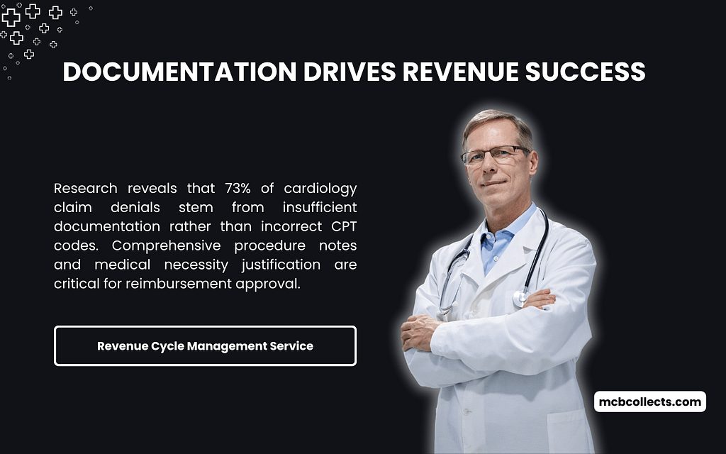 Infographic titled "Documentation Drives Revenue Success" on a black background with a doctor in a white coat and stethoscope. Text states 73% of cardiology claim denials stem from insufficient documentation, not incorrect CPT codes, emphasizing comprehensive notes and medical necessity for reimbursement. Website mcbcollects.com is included.