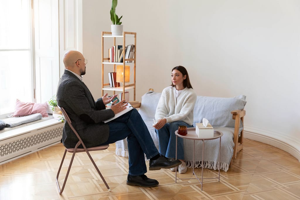 A therapist, sitting on a chair with a notepad, engages in a conversation with a woman seated on a couch. The therapist is writing down the 90791 CPT code to bill this later. The room is softly lit with a minimalist design, including a plant, a bookshelf, and light-colored furnishings. The atmosphere feels calm and supportive.
