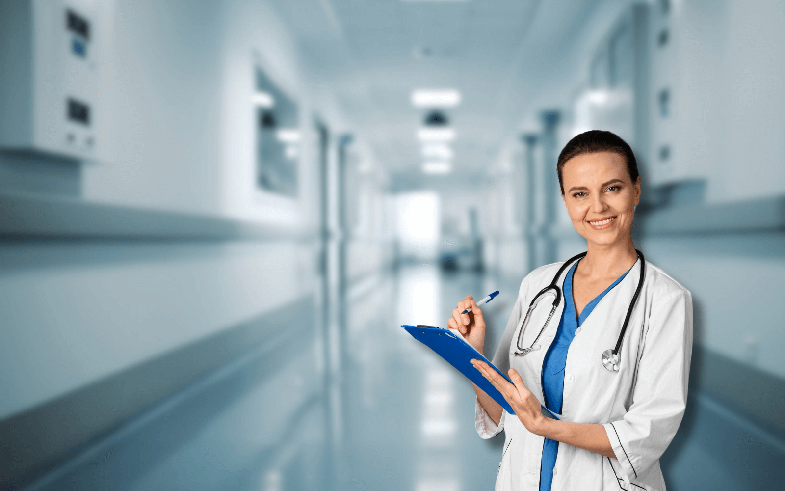A doctor in a white coat with a stethoscope, holding a blue clipboard in a hospital hallway, reviewing the F90.0 ICD-10 code for diagnosing inattentive ADHD.