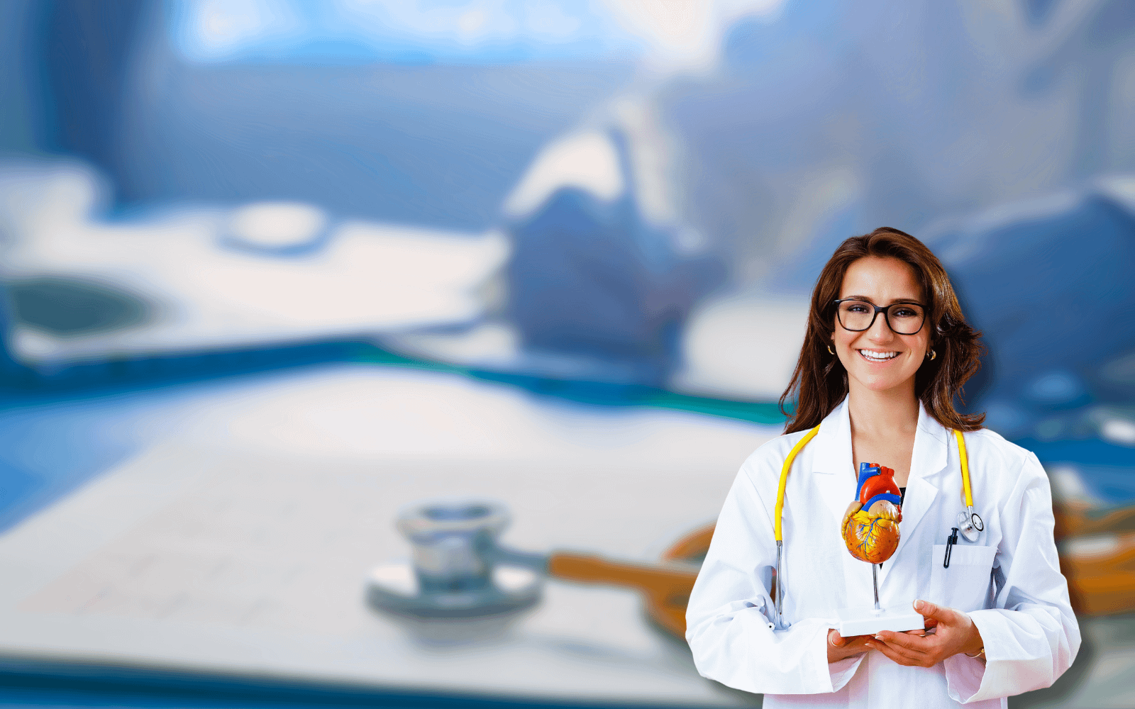A smiling female doctor in a white coat with a stethoscope holds a model heart against a blurred medical office background with a desk, stethoscope, and papers. The image relates to a "Cardiology CPT Codes Guide for Medical Billing Success," emphasizing heart health and billing expertise.