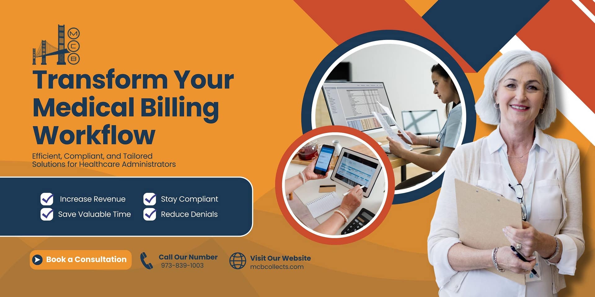 CPT Code 98968: (Usage, Guidelines, Checklist) 3 A graphic promoting medical billing workflow solutions. Features a smiling healthcare professional, images of people working on computers and tablets, and highlights increased revenue, compliance, and time savings.