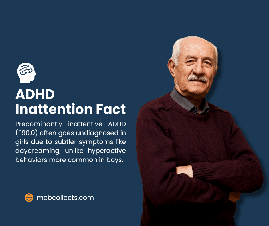 F90.0 ICD-10 Code: Complete Guide to Attention-Deficit Hyperactivity Disorder, Predominantly Inattentive Type 2 An elderly man in a maroon sweater stands with arms crossed against a blue background, with text: "ADHD Inattention Fact. Predominantly inattentive ADHD (F90.0) often goes undiagnosed in girls due to subtler symptoms like daydreaming, unlike hyperactive behaviors more common in boys.